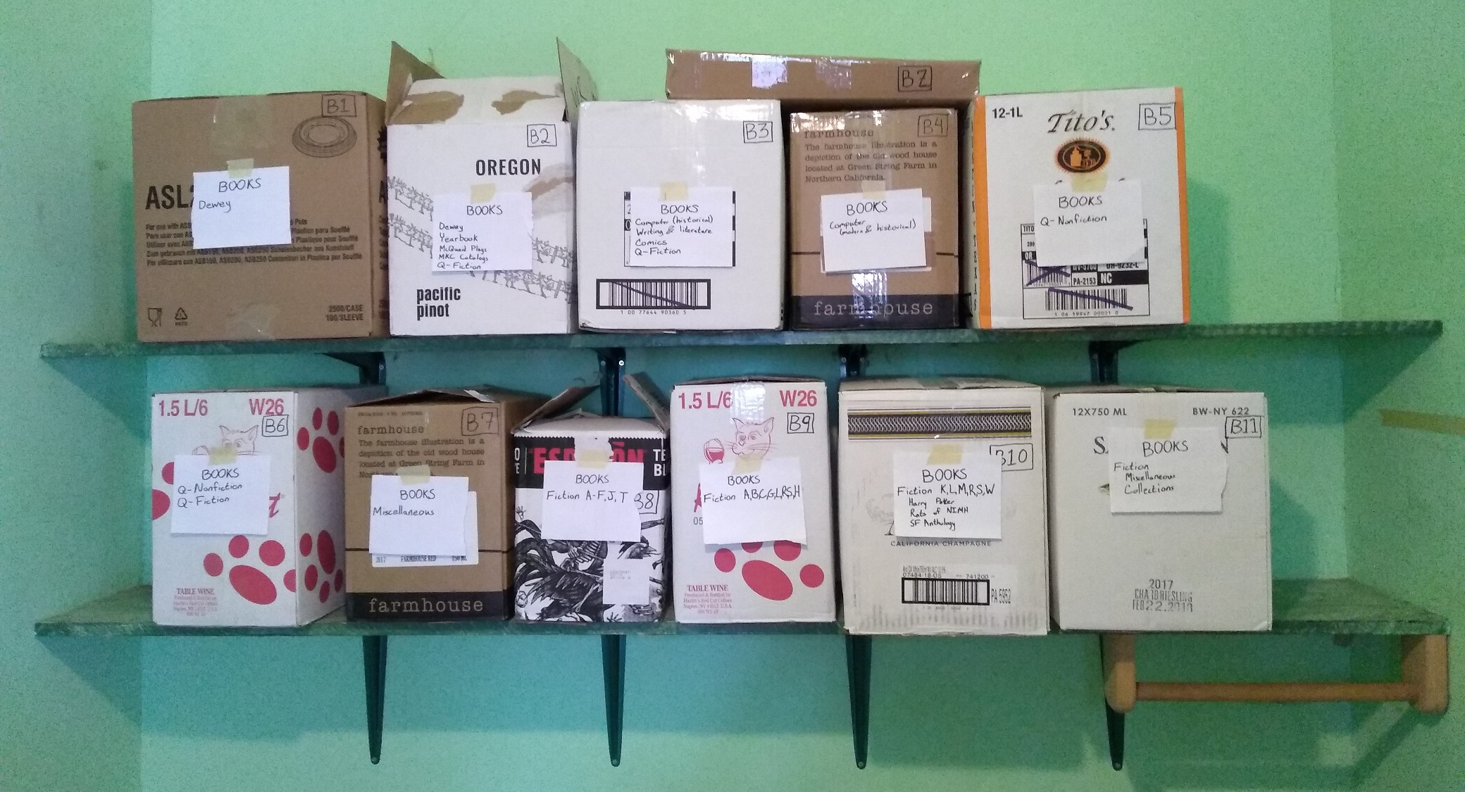 A shelf full of cardboard boxes, labelled things like Fiction, Dewey, Computer, and Miscellaneous.