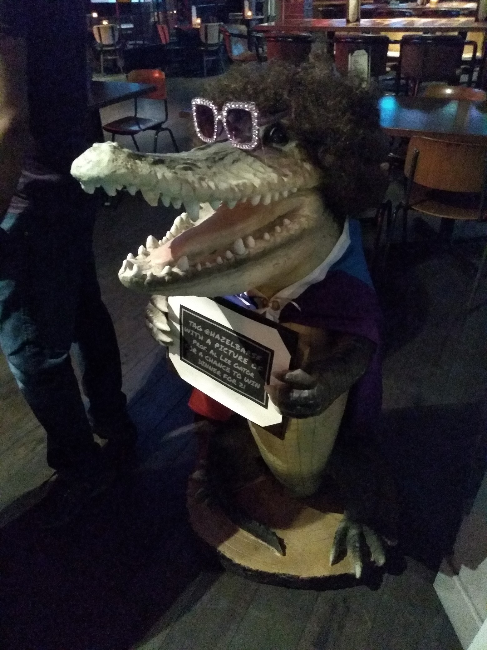 A dimly lit photo of a grinning alligator in a tuxedo, with very poofy hair, holding a noticeboard.