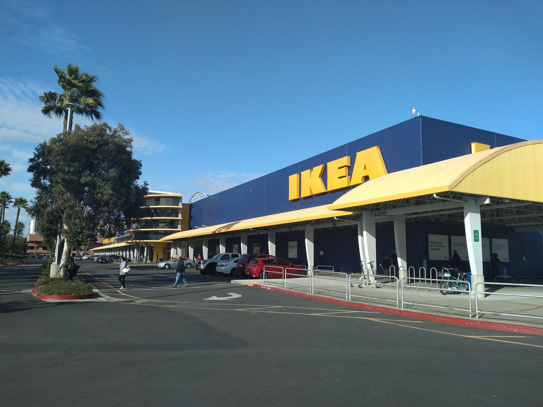 IKEA! (Pictured: A long blue building with yellow trim and “IKEA” in large letters on the front.)