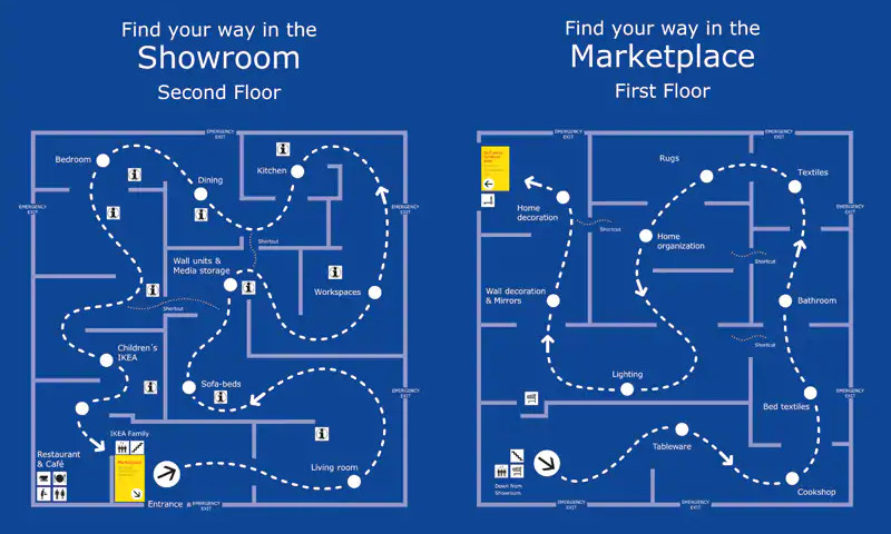 Blue brochure, with floorplans for the Showroom and Marketplace and helpful dotted lines showing where to go.