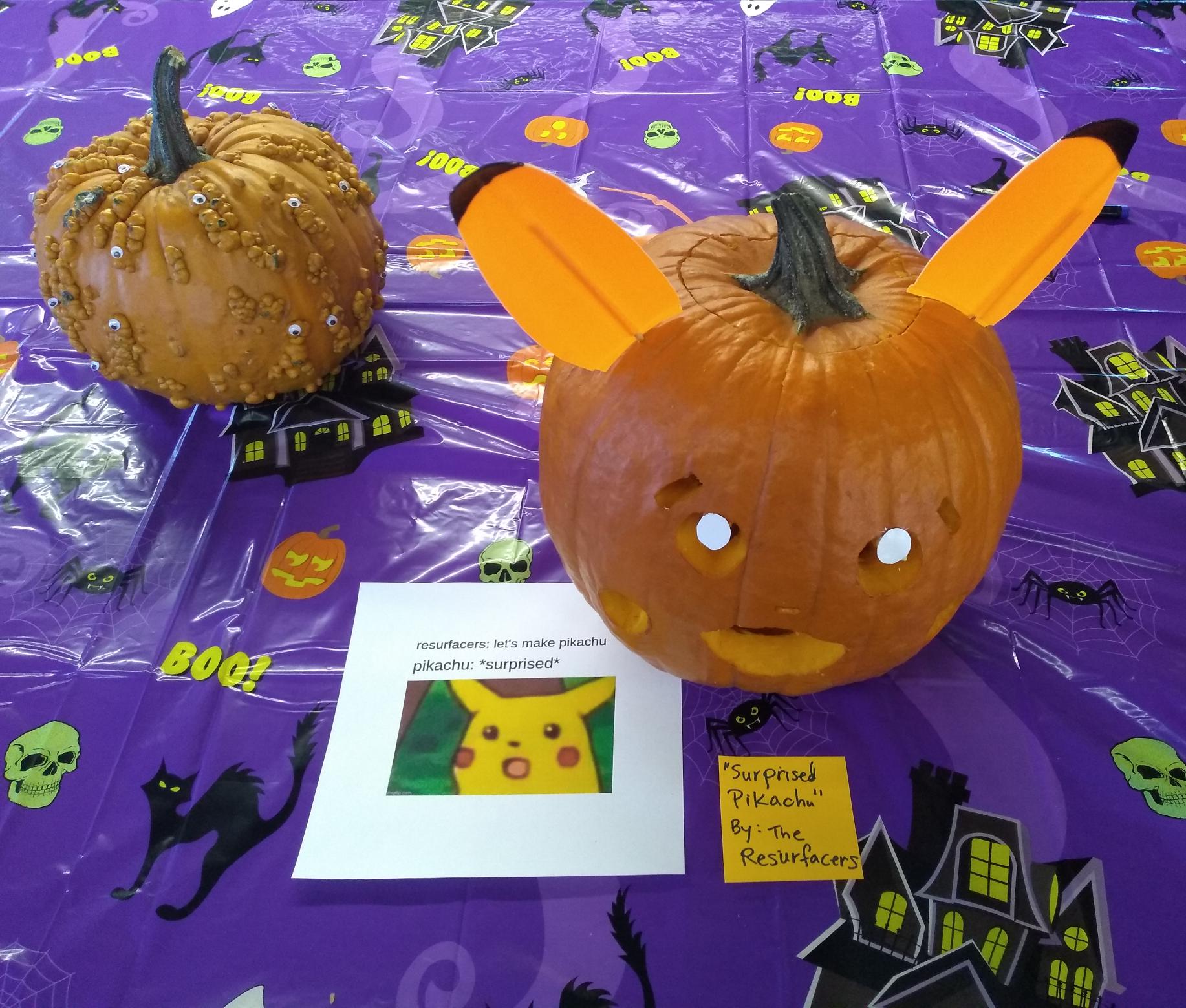 ‘Surprised Pikachu, by the Resurfacers’: a pumpkin with a surpised look and Pikachu ears.