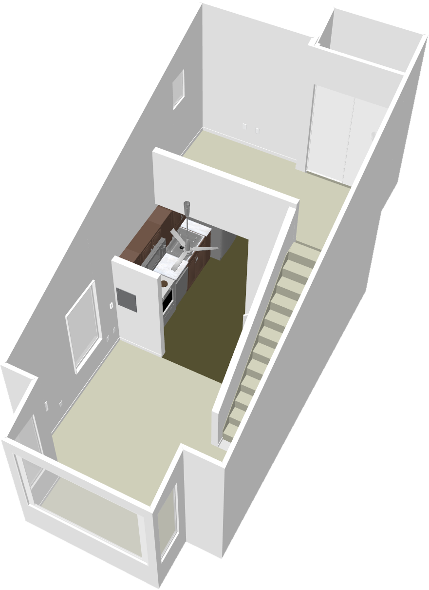 A 3D rendering of the apartment, shown from overhead with the roof removed.